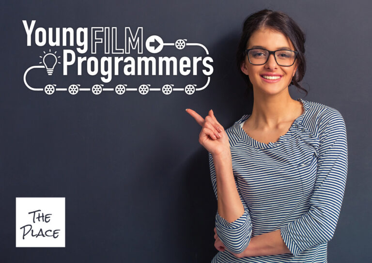 A woman smiles and points to a graphic that says "Young Film Programmers"