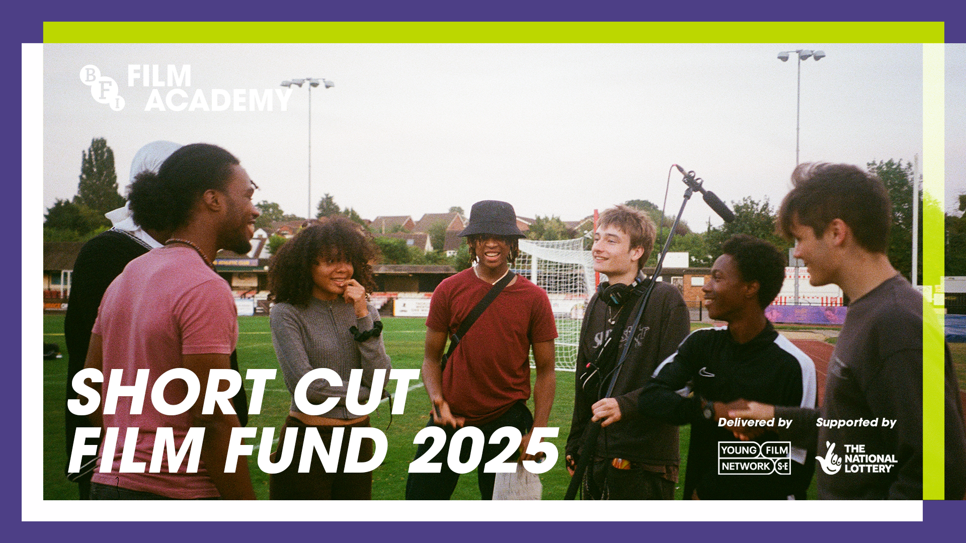 A promotional image reading "Short Cut Film Fund 2025" with a behind the scenes shot. There are 6 people in the shot smiling at each other, one of them is holding camera equipment.